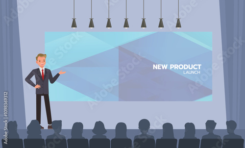 Product launch event with a crowd of attendees. Businessman presentation character vector illustration design.