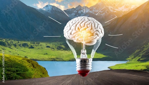 A visually striking concept image of a human brain merging with a glowing lightbulb, symbolizing creativity, innovation, and the emergence of groundbreaking new ideas in science, photo