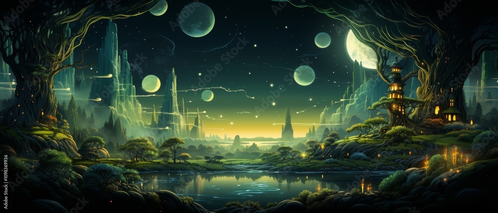 Obraz premium Enchanted Landscape with Mystical Planets and Luminous Trees
