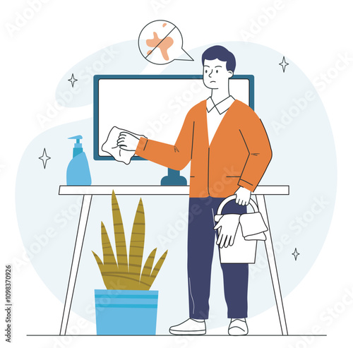 Man with obsessive compulsive disorder. Young guy wipes dirt on computer tap. Mental and psychological problems. Anxiety and perfectionism. Linear vector illustration