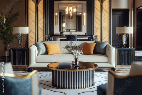 Art Deco inspired living room with symmetrically placed furniture, bold geometric shapes, and luxurious materials. photo