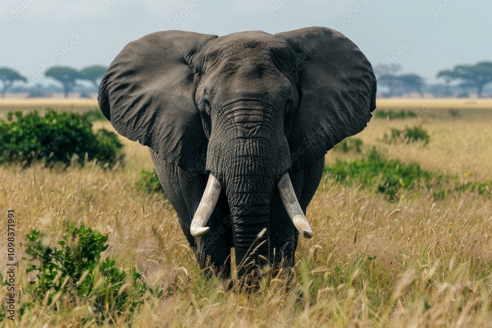 Fototapeta premium Large male african elephant walking in savanna grassland