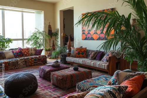 Bohemian modern living room with eclectic furnishings, a mix of patterned textiles, and a large indoor palm. photo