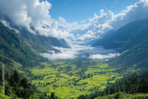 Stunning mountain valley landscape with flowing clouds and green meadows in munsiyari, uttarakhand, india photo