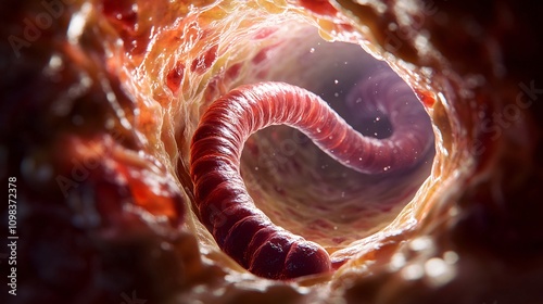 Intricate Macro View of Roundworm in Host's Digestive System - Close-up of Cylindrical Body Against Textured Intestinal Wall Detail photo