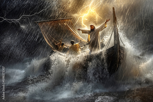 Fierce winds and rain batter disciples in a small boat while Jesus, arms outstretched, radiates peace and power amidst the storm