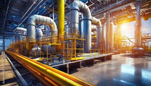 Advanced Industry Pipeline Transport System for Petrochemical Gas and Oil Processing in a Modern Furnace Factory, Highlighting Complex Infrastructure and Cutting-Edge RAC Technology photo