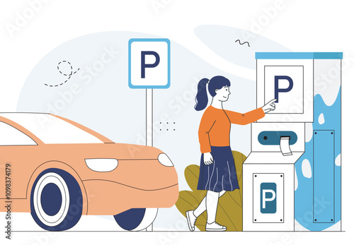 Woman with parking. Young girl pays for parking space for car and automobile. City infrastructure for transport. Electronic terminal. Linear vector illustration
