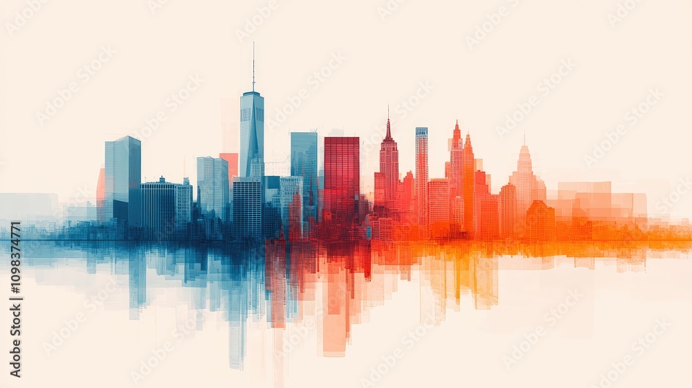 Obraz premium A vibrant, stylized skyline silhouette featuring a blend of blue and orange hues, reflecting a modern urban landscape.