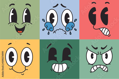 Cartoon retro line art style characters faces set. Vector graphic design illustration element