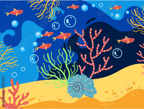 Fish shoal ocean seaweed underwater silhouette concept. Vector flat graphic design illustration