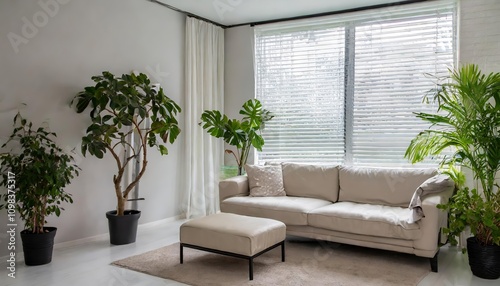 Elegant living room showcasing interior roller blinds with sleek white roller shades, adding a modern touch to the roomâ€™s ambiance and blending seamlessly with contemporary decor. photo