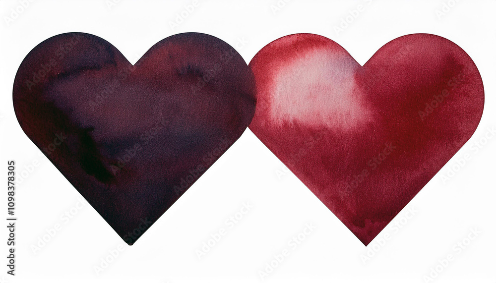 Fototapeta premium Two Watercolor Hearts Romantic Love Red Burgundy Valentines Day
