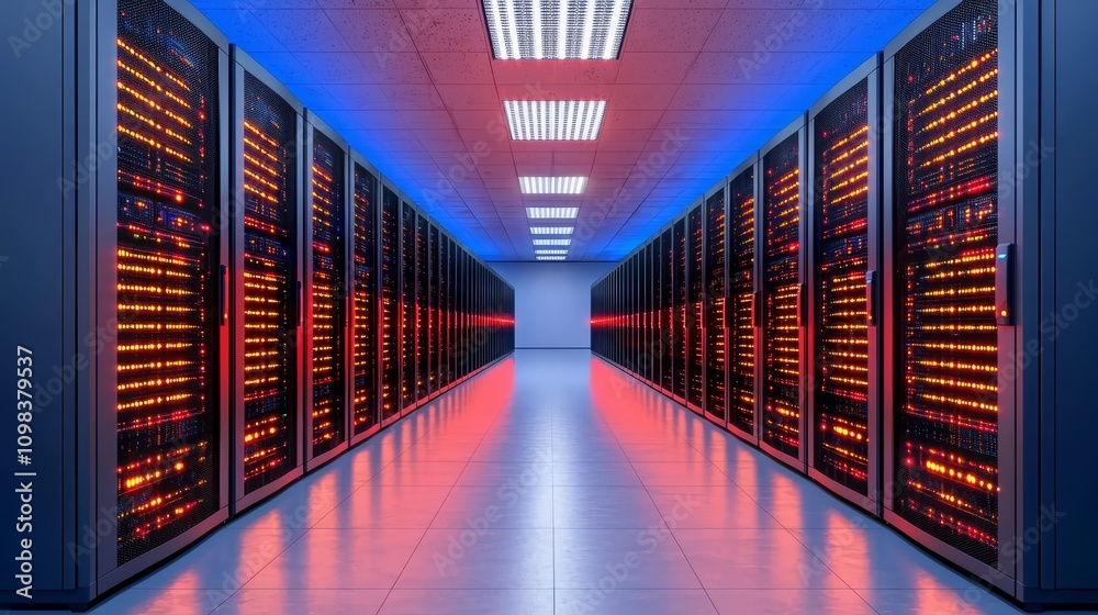 Fototapeta premium Futuristic server room, fiber optic light beams, digital data highways, sleek modern architecture