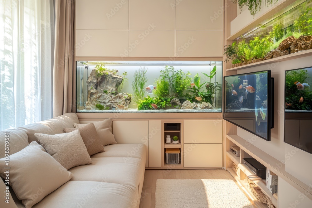 Fototapeta premium Minimalist living room with a built-in fish tank wall, neutral-toned decor, and hidden storage compartments.