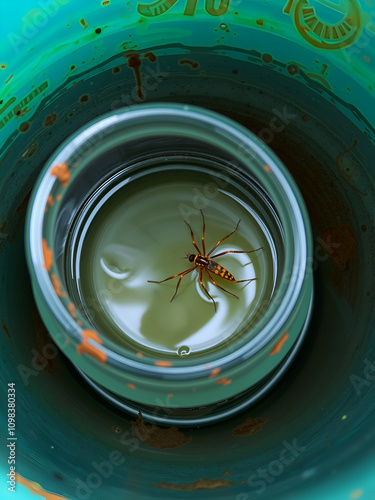 abandoned bottle container with stagnant water inside, a place of proliferation of aedes aegypti larvae, dengue, chikungunya, zika virus contaminated water epidemic mosquito breeding photo