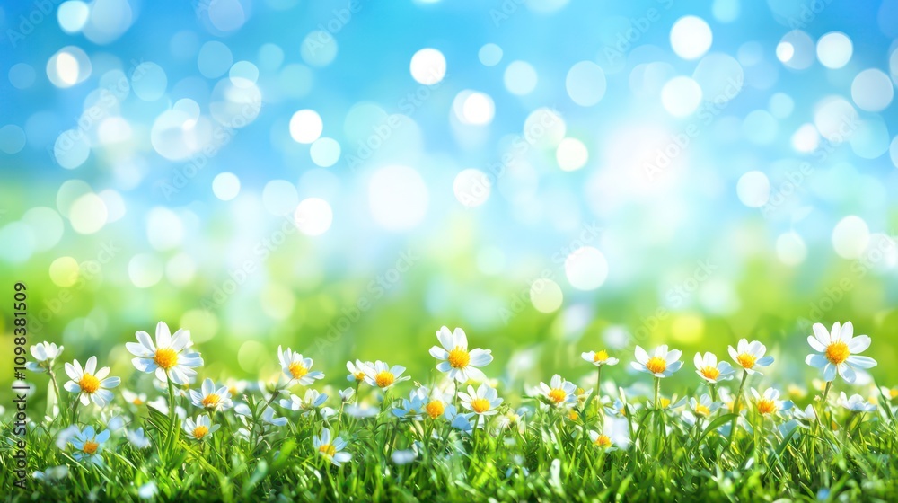 Fototapeta premium Sunny day, blooming daisies in green field.