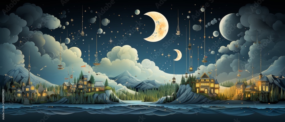 Obraz premium Enchanted Night Sky Over a Fantasy Landscape with Moon and Stars