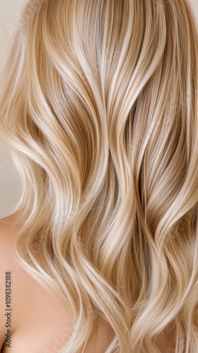 Close up view of flowing blonde hair styled in soft waves under bright lighting