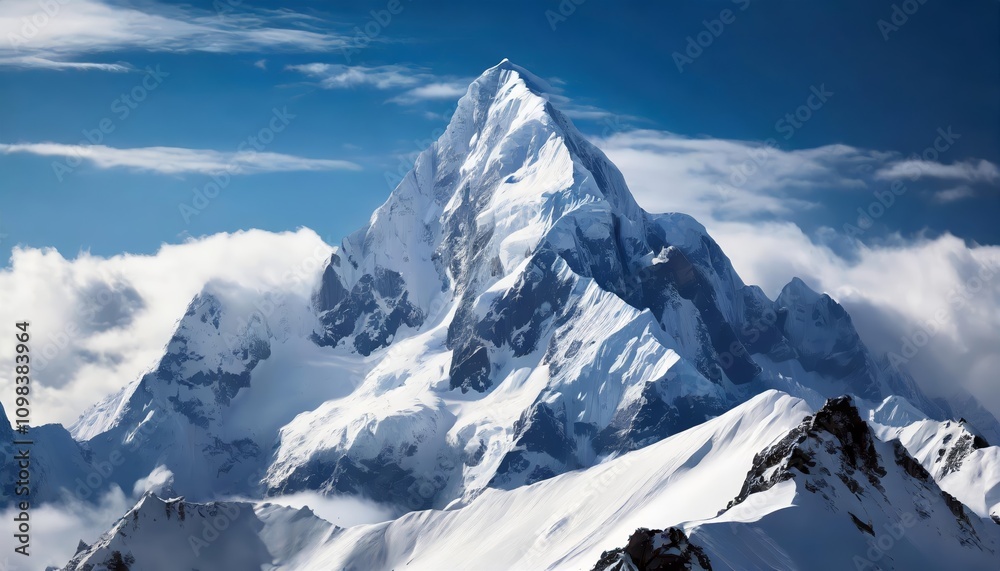 Obraz premium A majestic snowy mountain peak rises above the clouds, its pristine white slopes creating a striking contrast against the vibrant sky, symbolizing natureâ€™s awe-inspiring beauty and serenity.