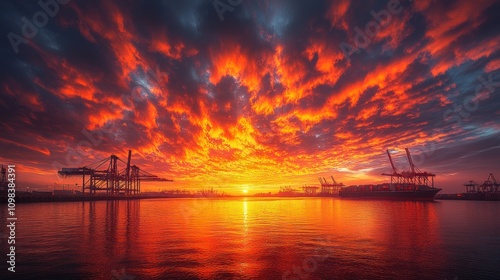 Fiery sunset over a busy harbor with cargo ships and cranes.