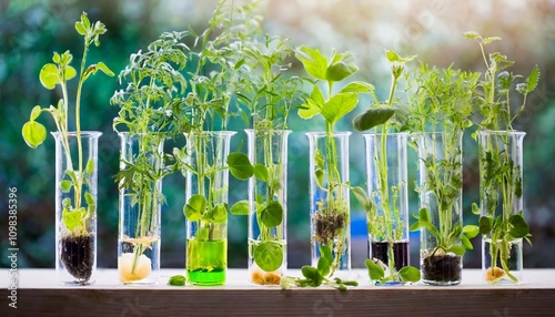 A vibrant collection of lush green plants growing in transparent test tubes, symbolizing innovation in botanical research, sustainability, and eco-friendly scientific experimentation. photo