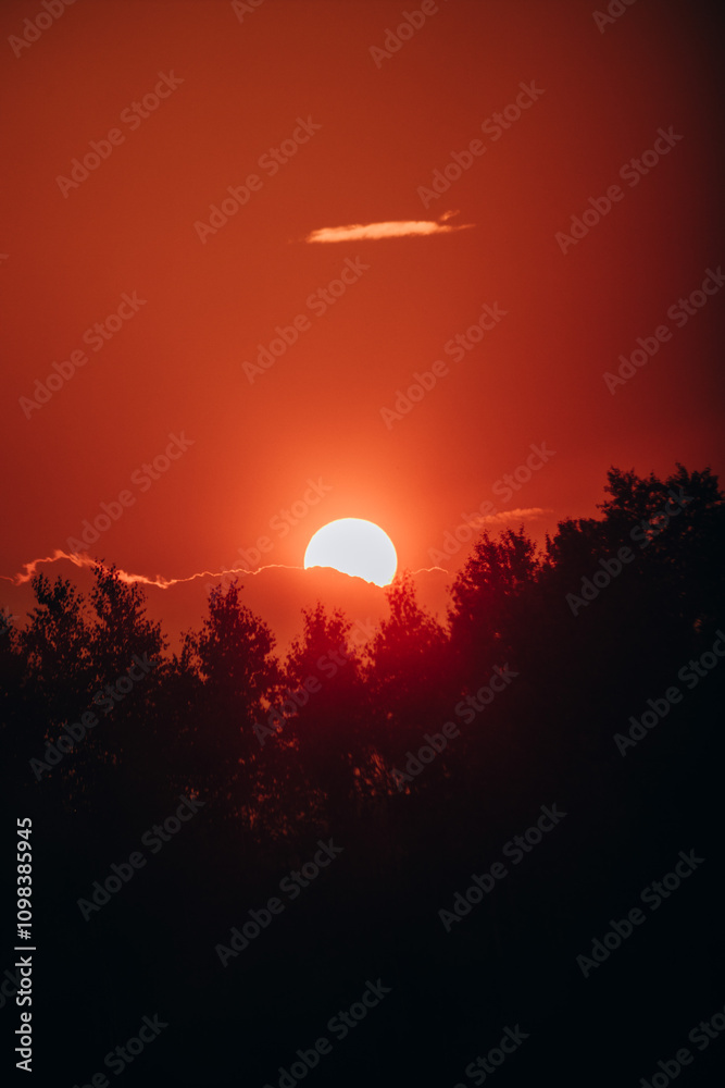 Obraz premium Setting sun and bright orange sky.