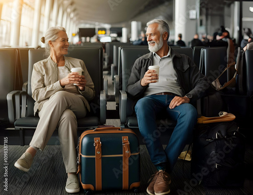 Wallpaper Mural Happy, cheerful senior, middle age couple at the airport with suitcase, sitting at the waiting room, having coffee, vacation, traveling retired, elderly people leading healthy and active lifestyle.  Torontodigital.ca
