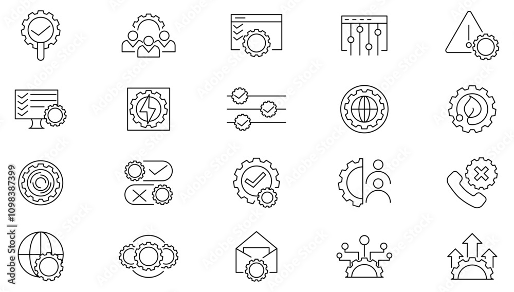 Fototapeta premium Setting line icon set. Gear, adjustments, setup, preferences, options, controls, service, operation, technology, design, project, production, construction line icon set. Ui thin line icon pack.