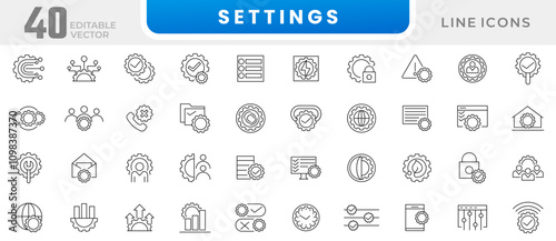 Setting line icon set. Gear, adjustments, setup, preferences, options, controls, service, operation, technology, design, project, production, construction line icon set. Ui thin line icon pack.