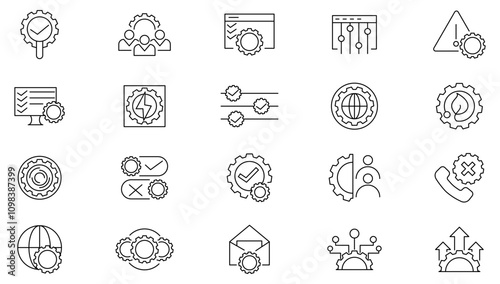 Setting line icon set. Gear, adjustments, setup, preferences, options, controls, service, operation, technology, design, project, production, construction line icon set. Ui thin line icon pack.