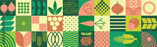 Agricultural geometric mosaic with a seamless pattern and abstract shapes featuring organic, eco-friendly plant-based farm products.