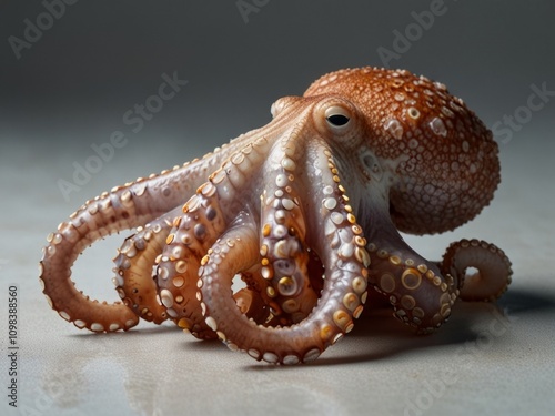 common octopus - the most common species, with a sac-like body and eight long tentacles with suction cups on a clean white background. AI generated. photo