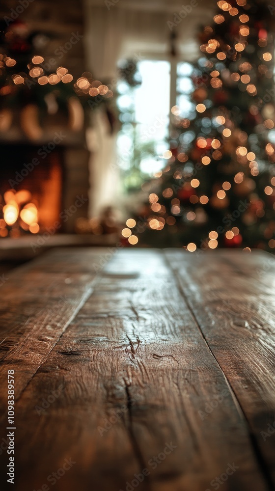 Obraz premium Cozy living room with fireplace and Christmas tree during festive season