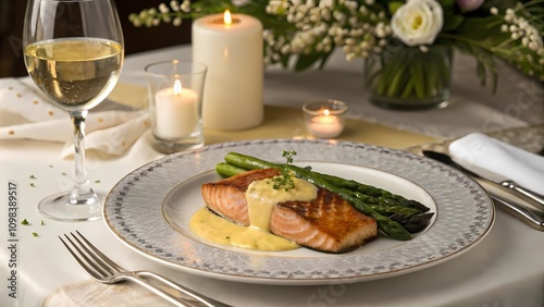 Elegant dinner experience grilled salmon fine dining restaurant culinary delight romantic ambiance close-up view gourmet cuisine