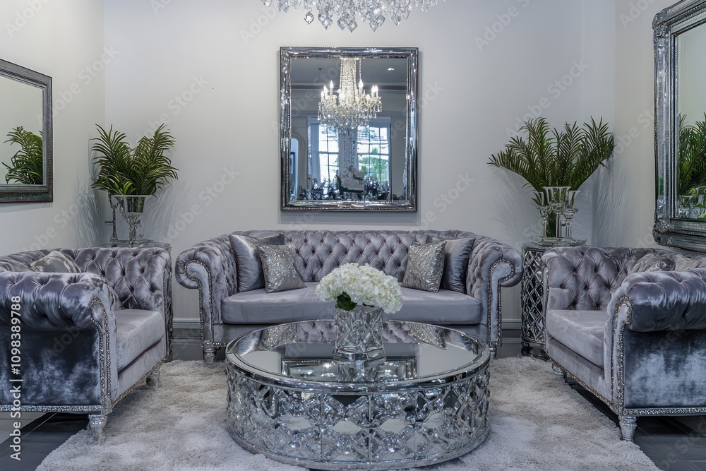 Upscale living room with a crystal chandelier, mirrored furniture, and