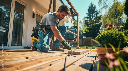 Expert carpenter skillfully crafting a wooden deck in a lush backyard setting

