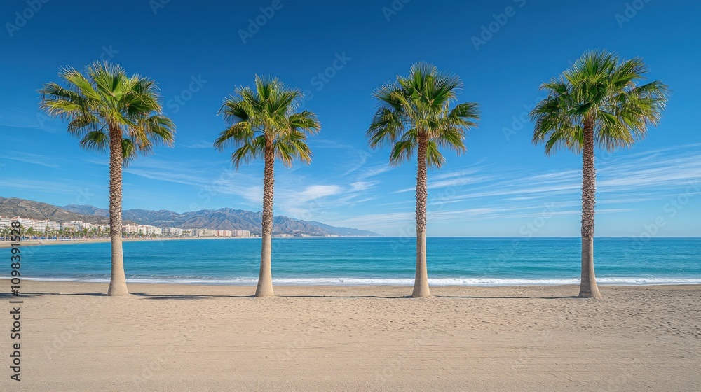 Fototapeta premium Four palm trees on a sandy beach with blue ocean and sky.
