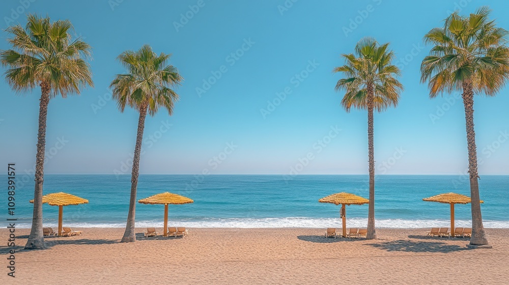 Obraz premium Four palm trees stand on a sandy beach with turquoise water, blue sky and four yellow umbrellas.