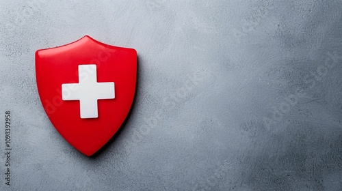 Healthcare IT security. A red shield featuring a white cross, symbolizing Switzerland, against a gray background. photo