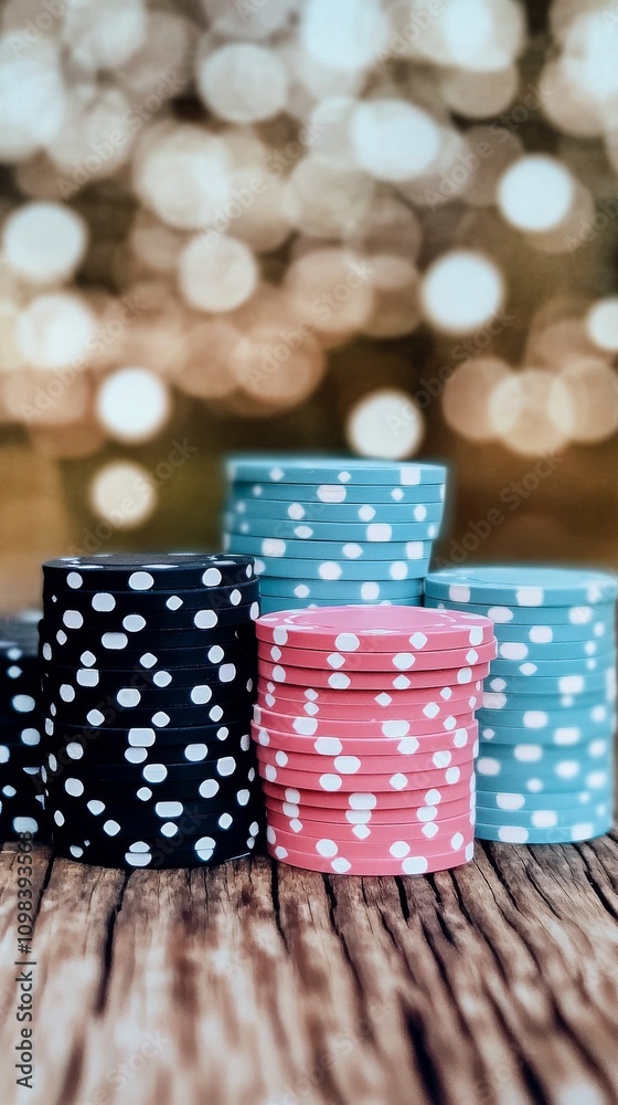 Obraz premium Stacked poker chips in various colors sit on a wooden surface