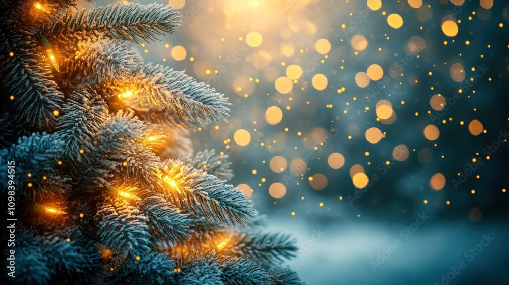 Fototapeta premium Frosty pine branches with twinkling lights and bokeh background.