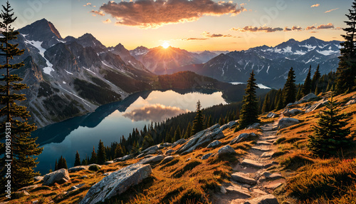 Lever de soleil sur le lac de montagne