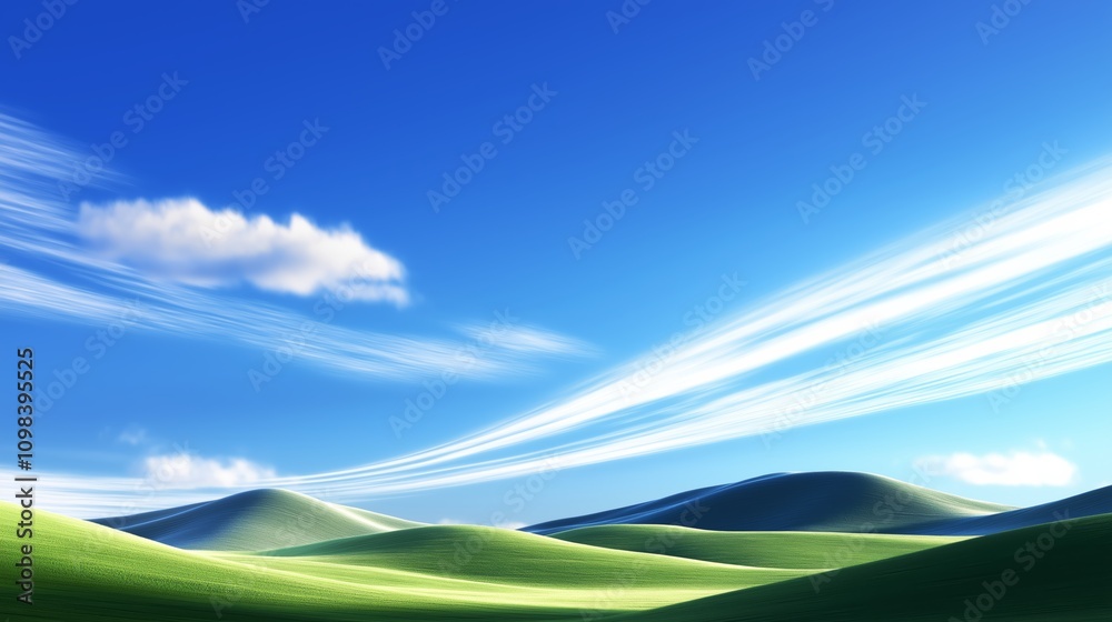 Obraz premium A serene landscape showcasing rolling hills under a bright blue sky with wispy clouds, perfect for nature-themed projects.