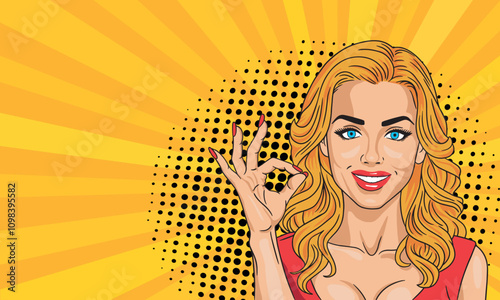 Beautiful blonde woman in pop art style showing OK. On a colored background. Pop art vector comic style