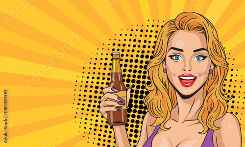 Beautiful blonde woman with a bottle of beer in pop art style. On a colored background. Pop art vector comic style
