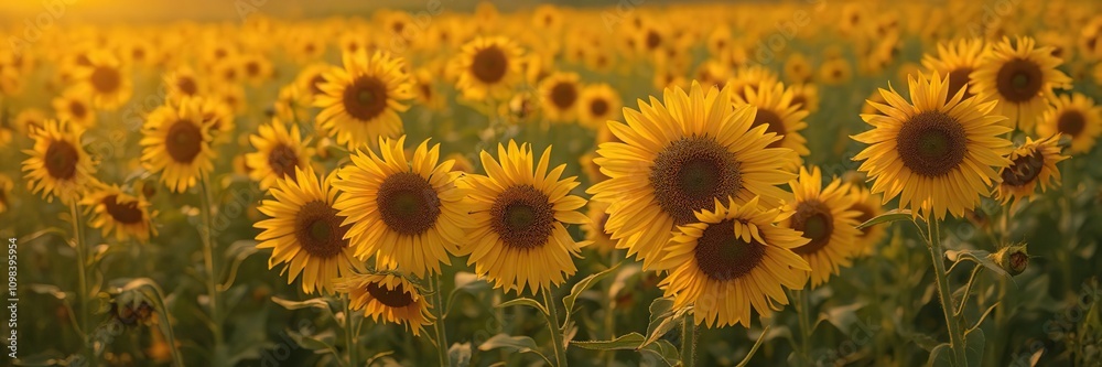 Obraz premium Golden sunflowers glowing in the fading light of dusk in a meadow filled with golden hues, sunflowers, glowing