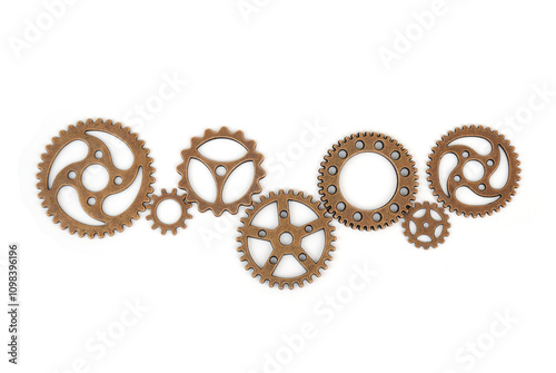 Gear and cogs wheels connected in one mechanism isolated on white background. Partnership, cooperation, teamwork concept. photo