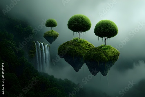 Floating surreal dreamlike fantasy landscape with cascading waterfalls tumbling over ancient rock formations photo