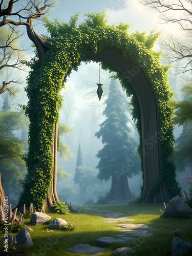 Spectacular archway covered with vine in the middle of fantasy fairy tale forest landscape, misty on spring time. Digital art 3D illustration. hyper realistic photo